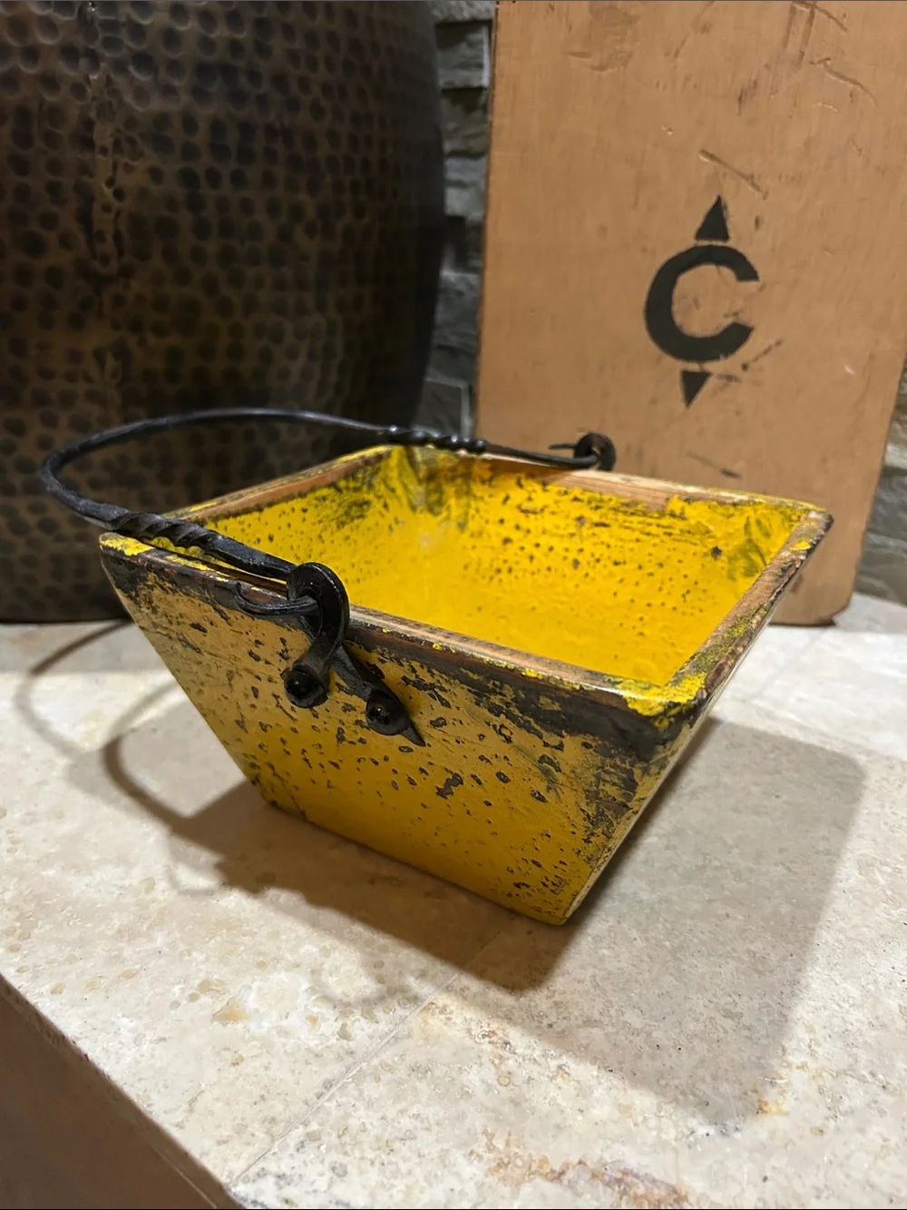 antique Chinese yellow lacquer rice measure bucket